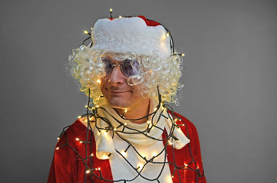 man dressed as Santa Claus wrapped in string lights, nicholas, HD wallpaper