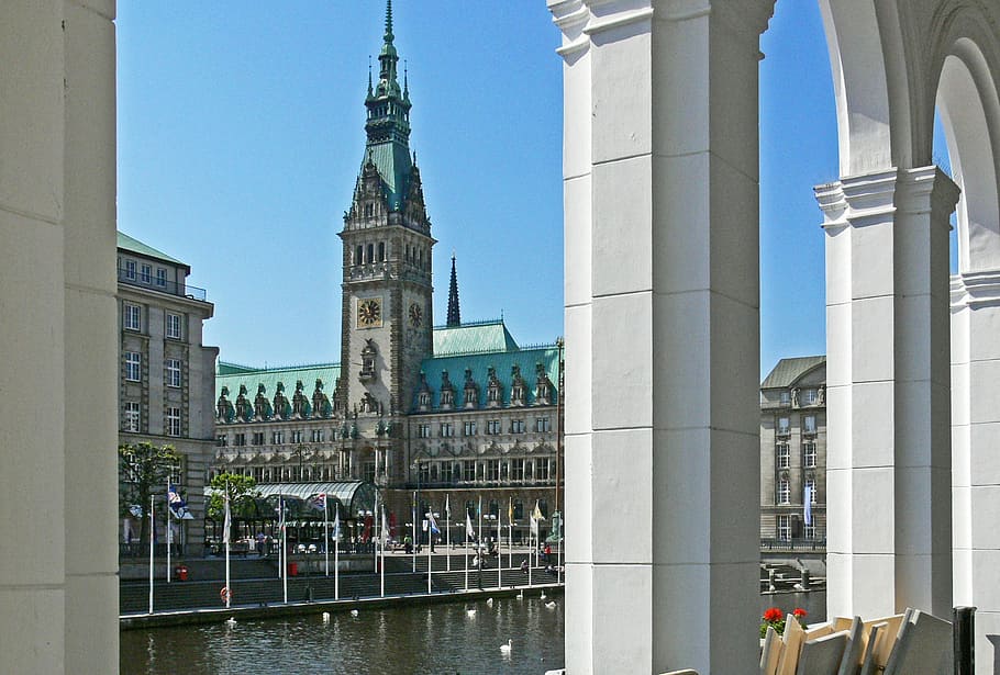 Hamburg, alsterarkaden, by looking, town hall, alster terraces, HD wallpaper