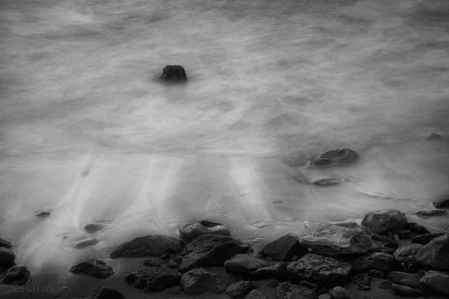 water, rocks, waves, solid, rock - object, no people, smoke - physical structure HD wallpaper