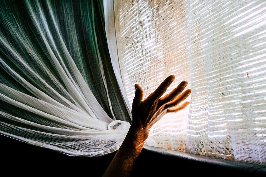 person holding white sheer textile, person raising hand beside window HD wallpaper