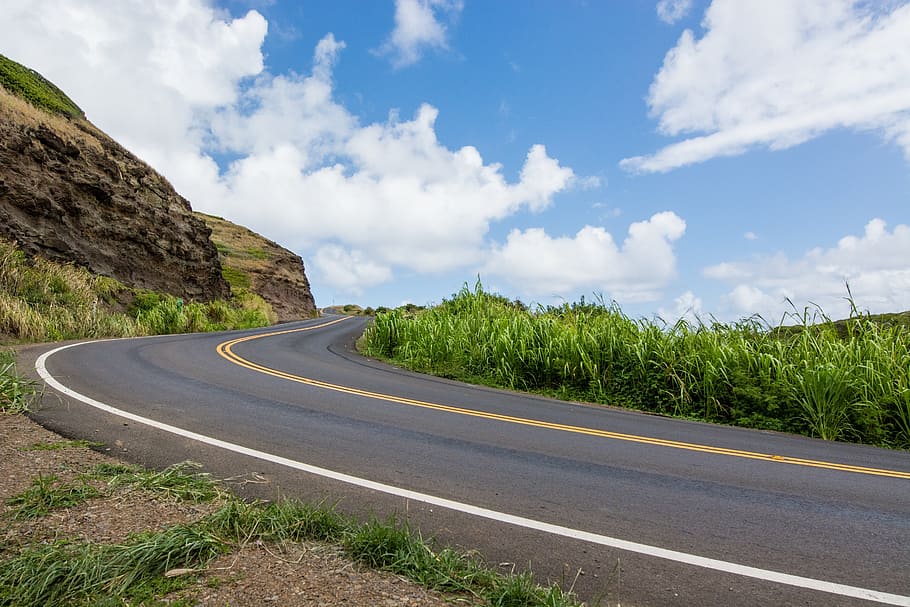 grass field and concrete road, sky, hill, highway, asphalt HD wallpaper