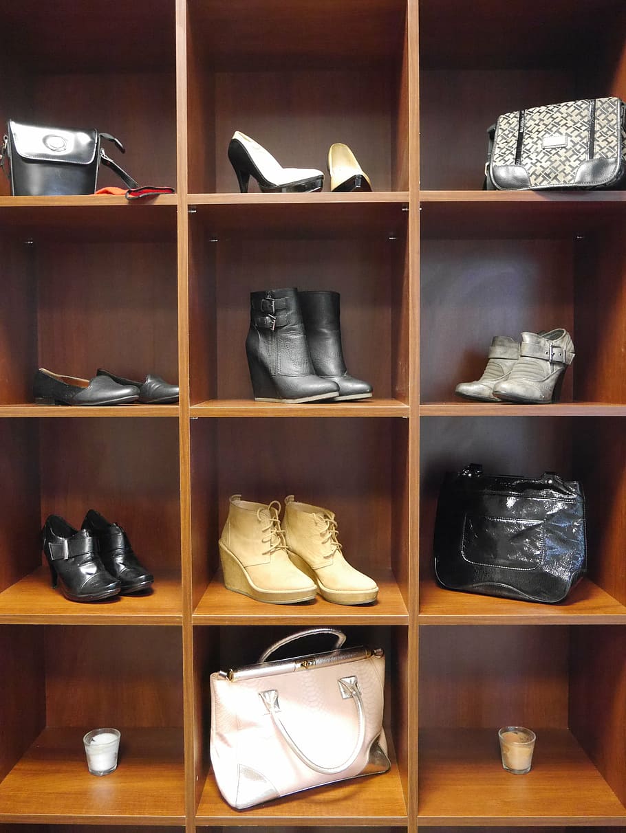 footwear and bag lot on shelf, wardrobe, clothing, handbags, indoors
