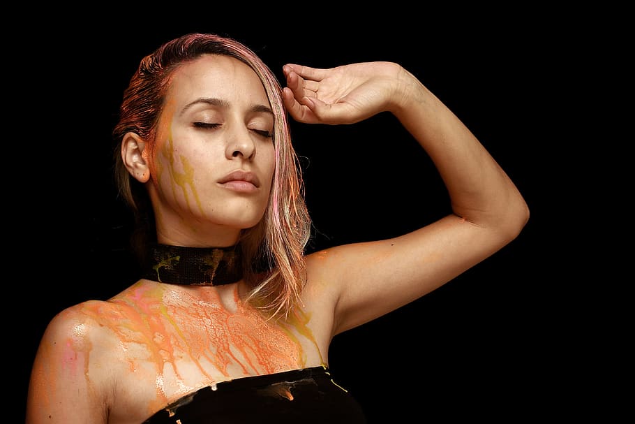 woman in black dress holding her hair, model, paint, orange, overview, HD wallpaper