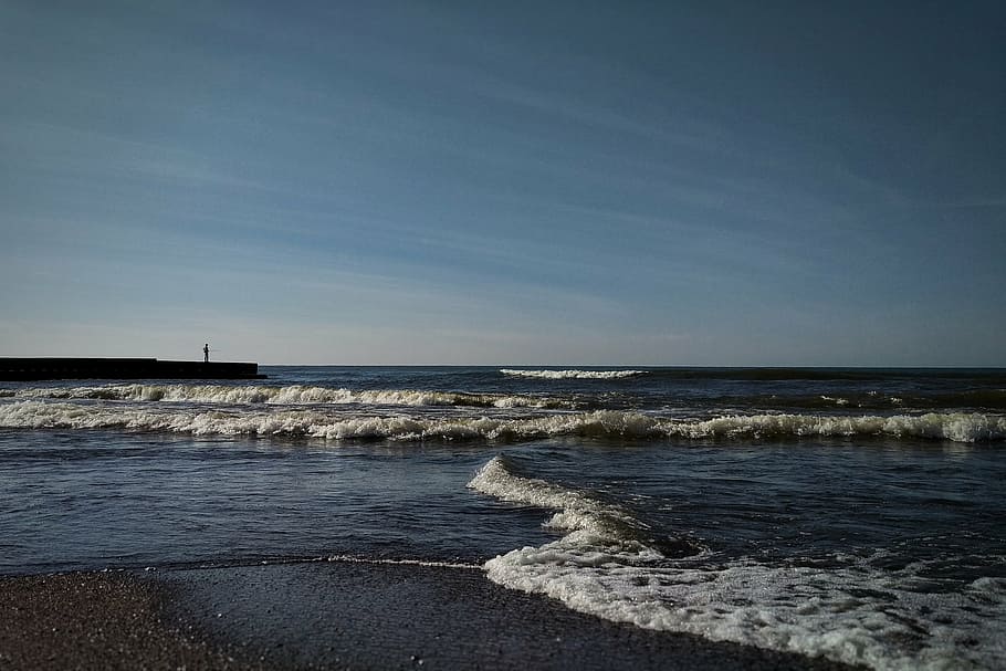 sky, sea, beach, wave, fisherman, fishing, natural, landscape HD wallpaper