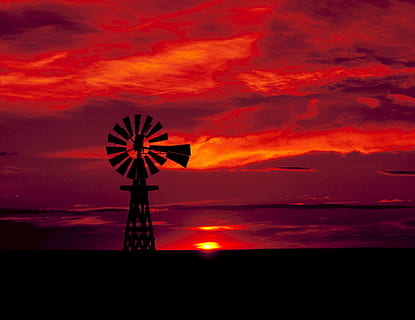 Windmill silhouette photography, western, sky, sunset, old HD wallpaper