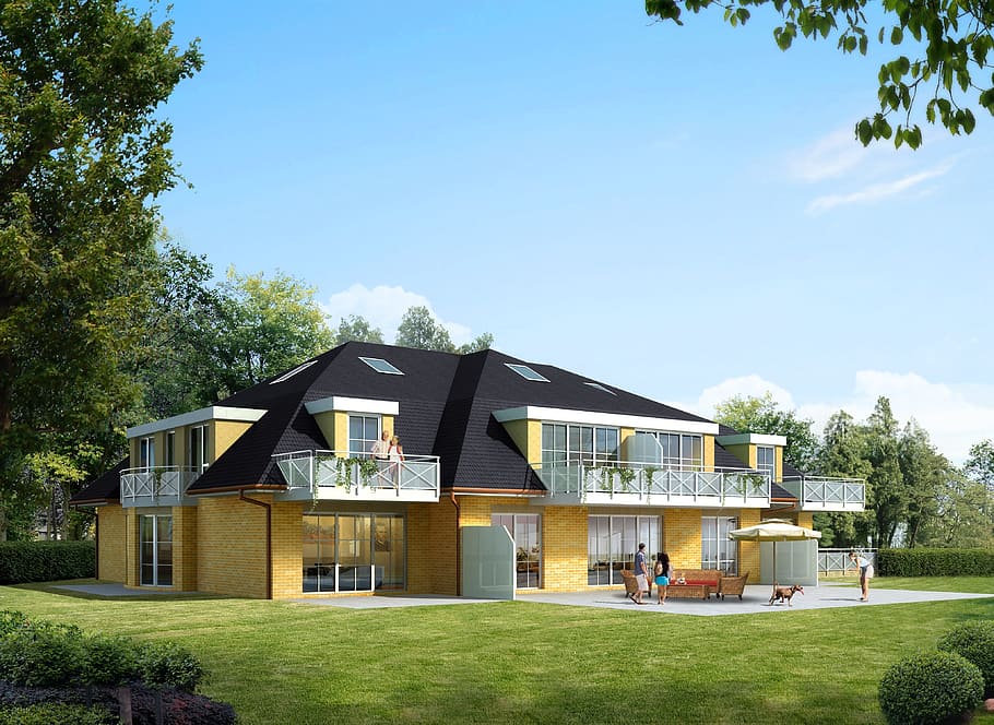 people in front of yellow and black house with trees at daytime HD wallpaper
