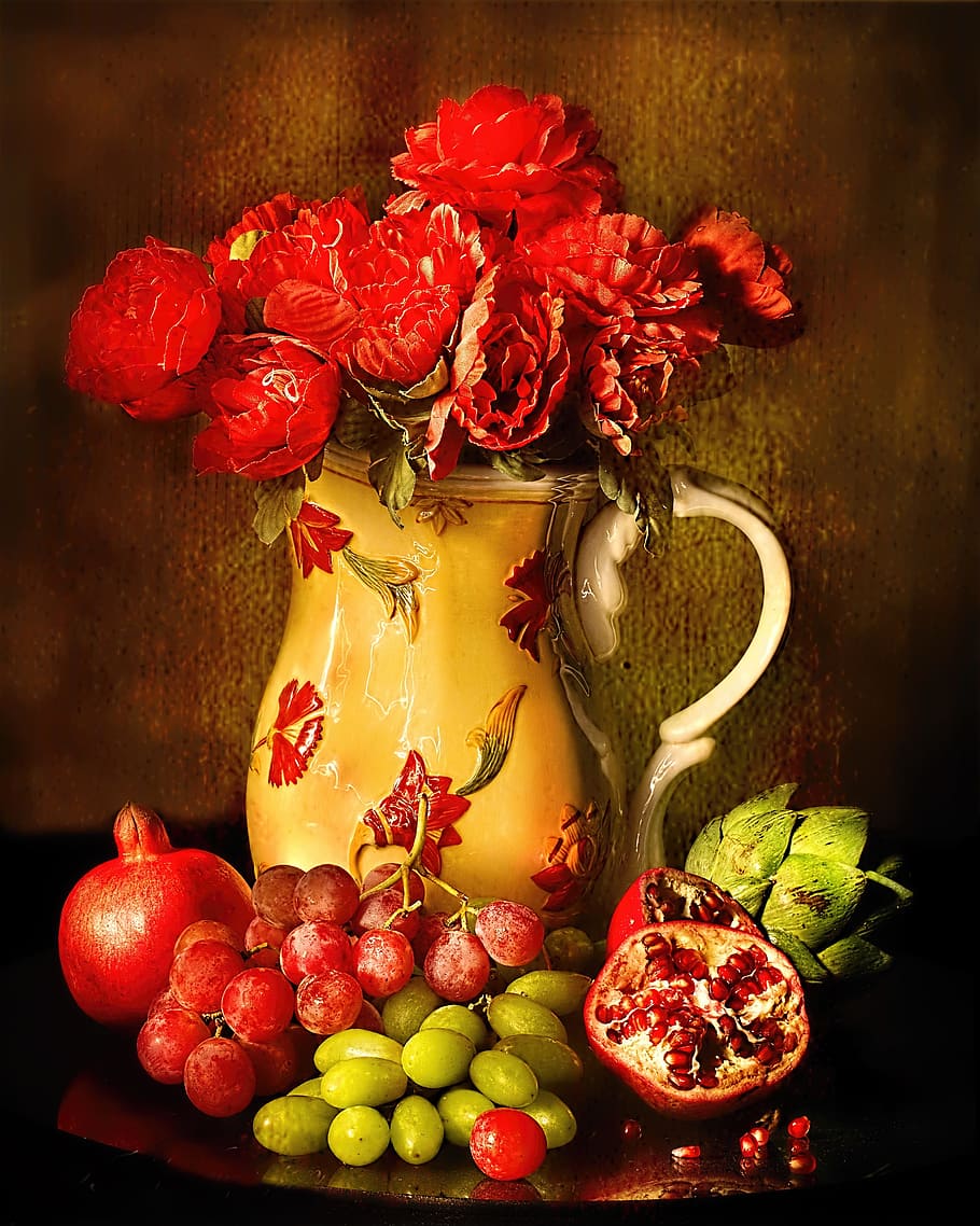 red roses in brown ceramic vase with assorted fruits decor, still-life