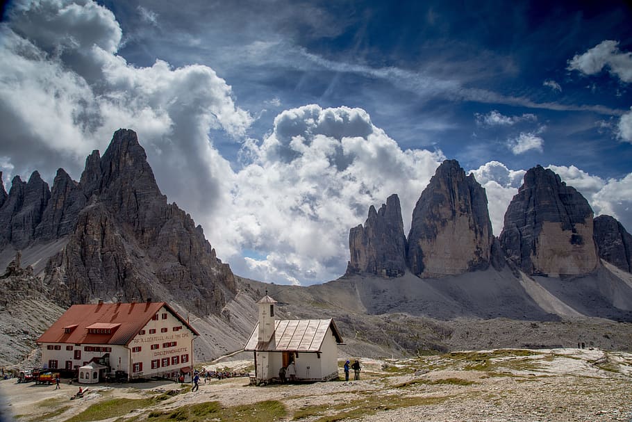 cathedral and house near rock formation, three peaks of lavaredo hut, HD wallpaper