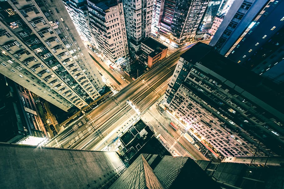 aerial view of city buildings, assorted concrete buildings, light HD wallpaper