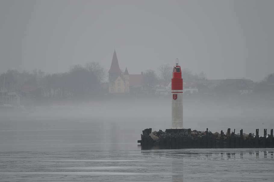 Fog, Lighthouse, Stralsund, Water, germany, travel destinations HD wallpaper