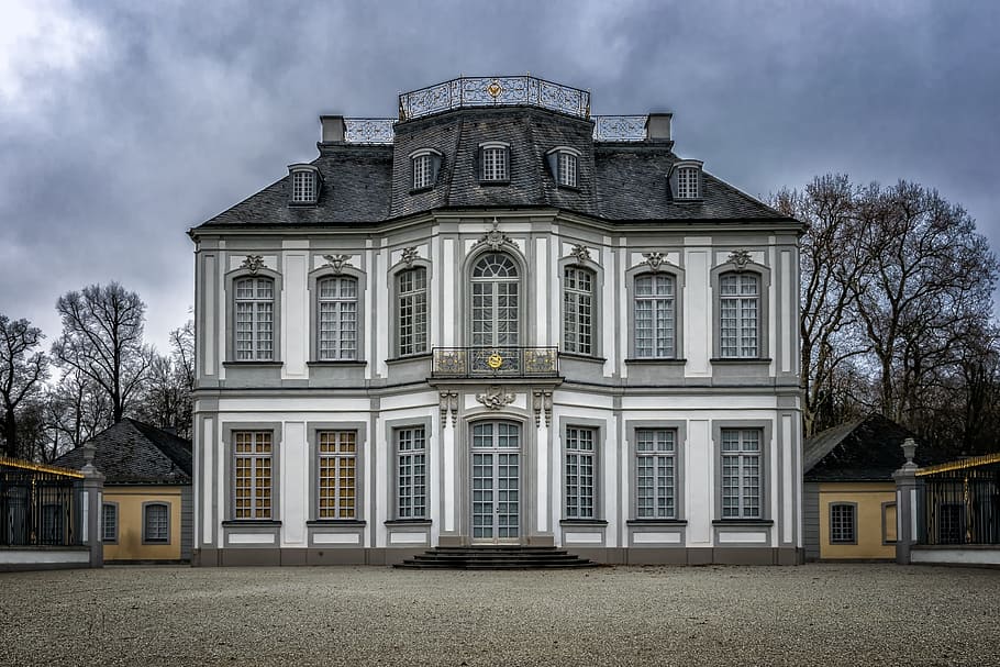 white and black 3-story house, castle, baroque, rococo, architecture, HD wallpaper