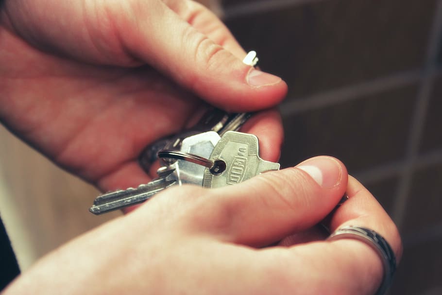 person holding stainless steel keys, hands, house, lock, home HD wallpaper