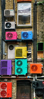 aircon, compressor, art, colourful, wall, london, no people HD wallpaper