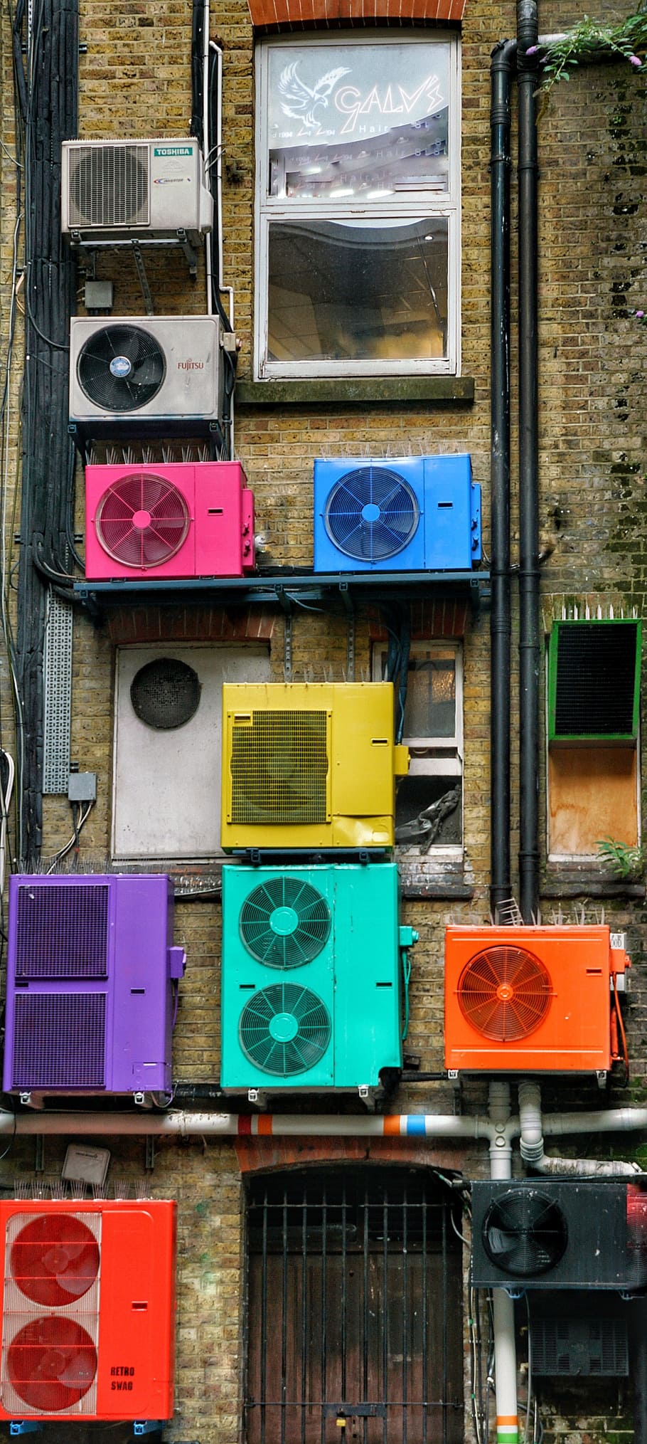 aircon, compressor, art, colourful, wall, london, no people, HD wallpaper