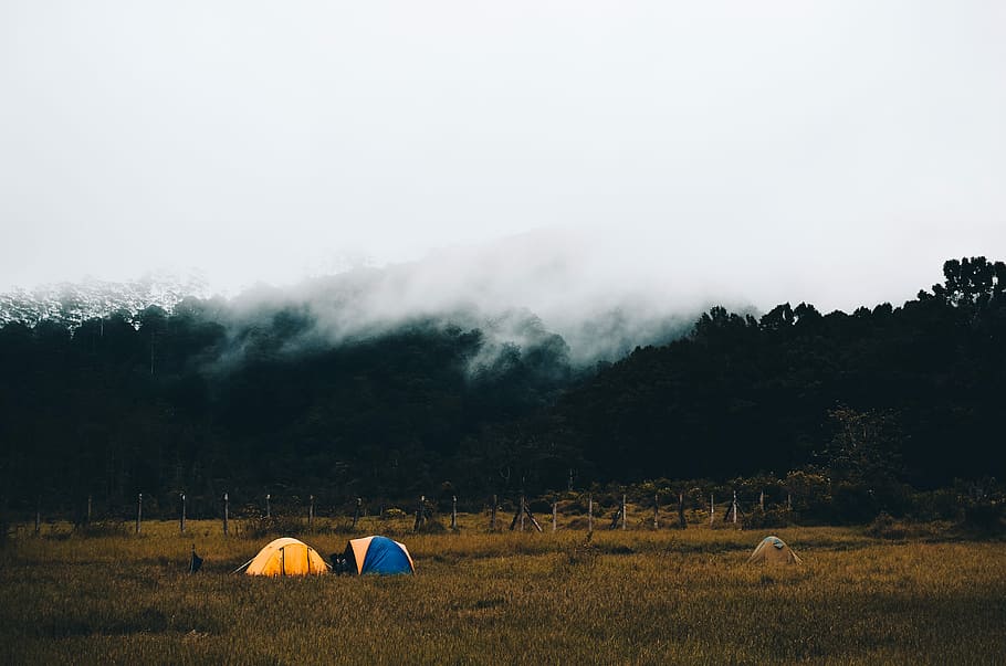 two blue and yellow dome tents on ground near mountain with smoke, two yellow and blue dome tents on grass near mountain at daytime HD wallpaper
