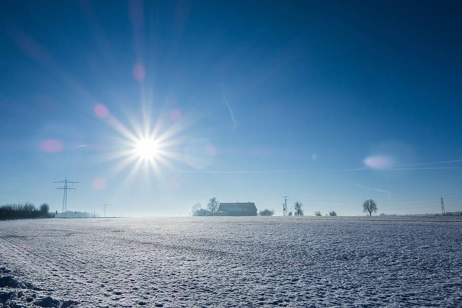 winter, snow, wintry, sun, blue, sky, partly cloudy, sunbeam HD wallpaper