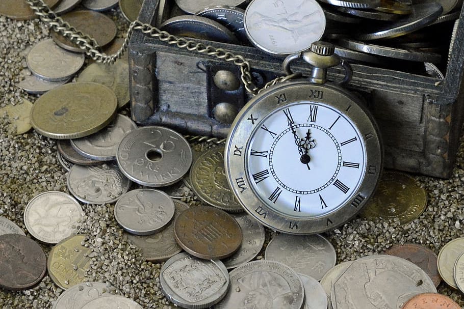 round silver-colored case pocket watch, time of, sand, clock