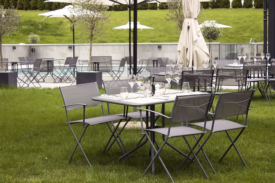 gray patio set during daytime, restaurant, table, chairs, grass HD wallpaper