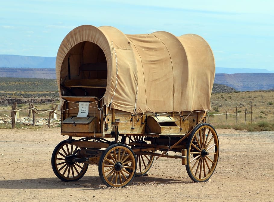 beige carriage on road, cart, wagon, old, wheel, vintage, retro