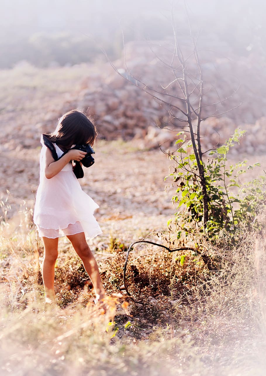 child, photography, camera, field, tree, leaves, one person HD wallpaper