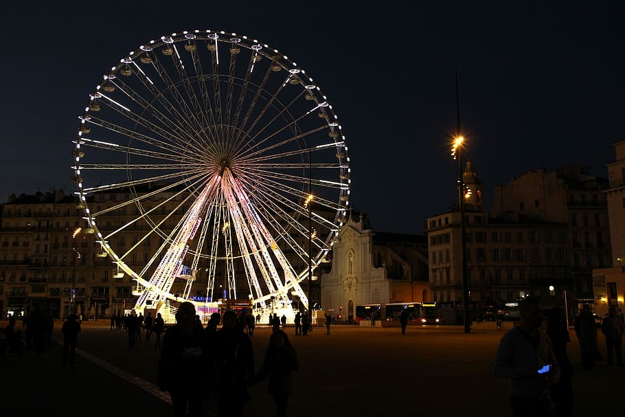 Marseille, Wheel, Night, ferris wheel, amusement park, arts culture and entertainment HD wallpaper