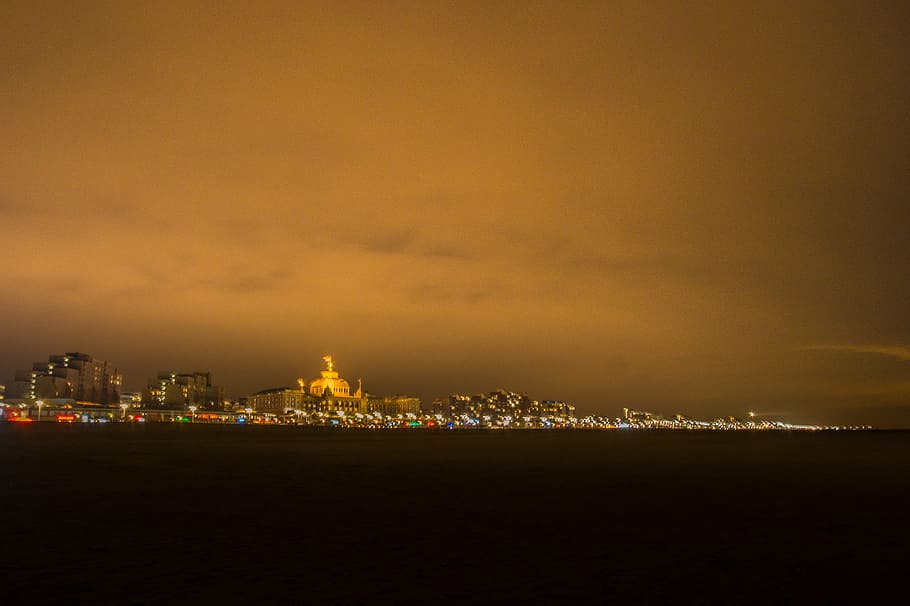 scheveningen, night, yellow, ocean, north sea, beach, shoreline HD wallpaper