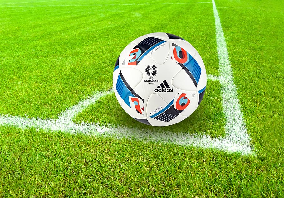 white Adidas soccer ball on field, football, playing field, corner