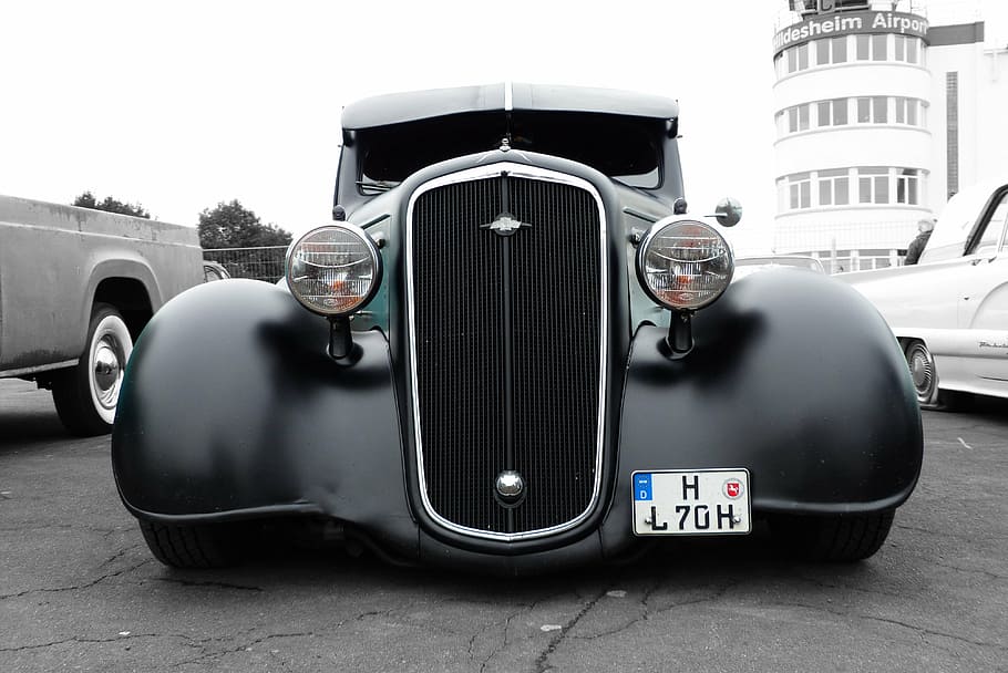 oldtimer, auto, black, america, classic, spotlight, vehicle HD wallpaper