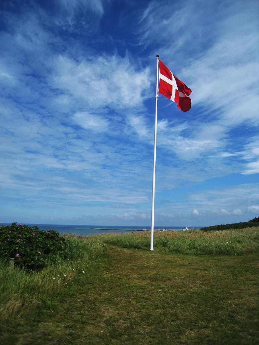 danish flag, flagpole, hirtshals, blue sky, danish coast landscape