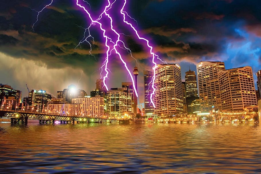 city near body of water under lighting, Thunderstorm, Flash, Forward HD wallpaper