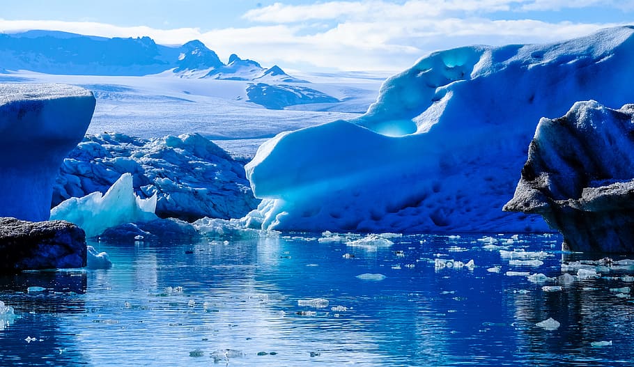 cold, glacier, iceberg, melting, calm waters, cloudy skies, floating HD wallpaper