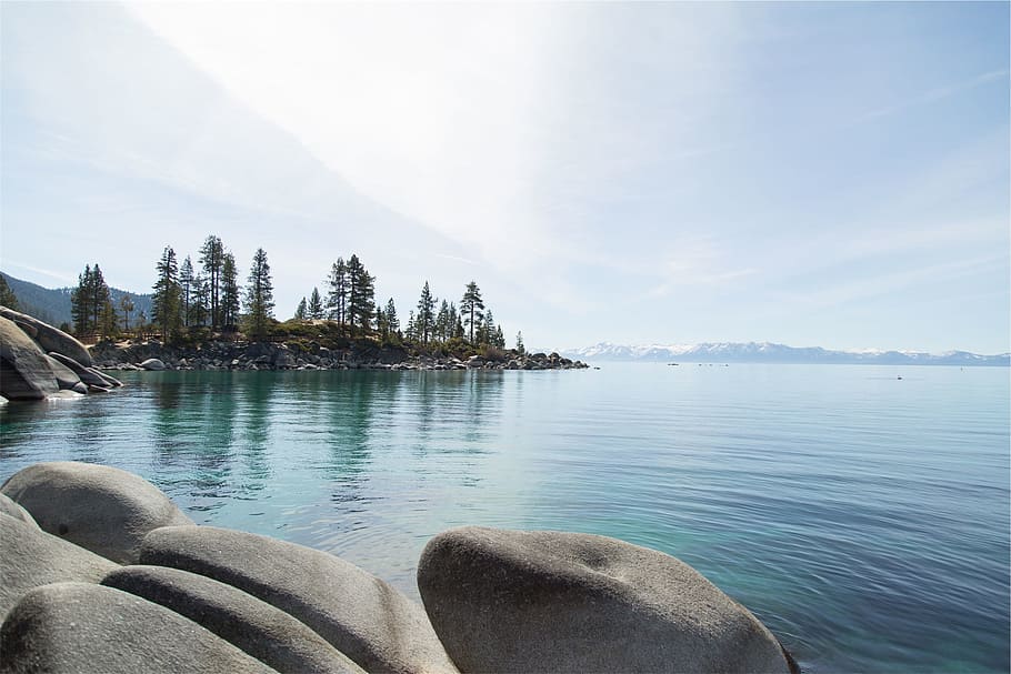 lake, water, rocks, trees, mountains, nature, landscape, blue HD wallpaper