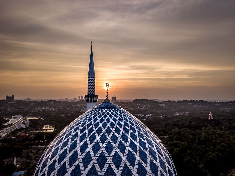 high angle photo of blue and white dome building, black and white temple at golden hour HD wallpaper