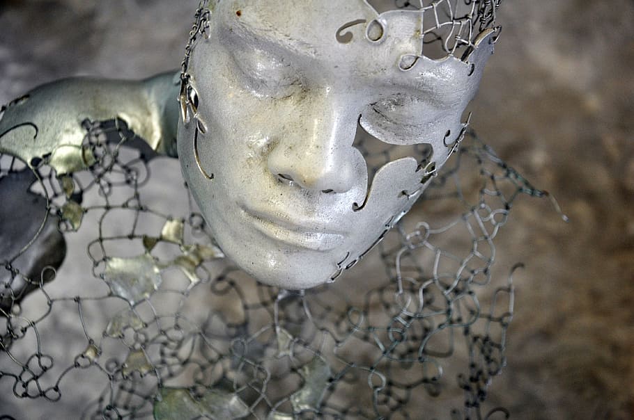 statue of a person made from metal close-up photo, face, sculpture HD wallpaper