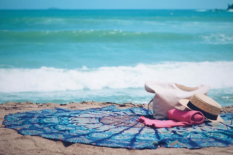 white hats on pink textile near at the ocean, beach, sea, summer HD wallpaper