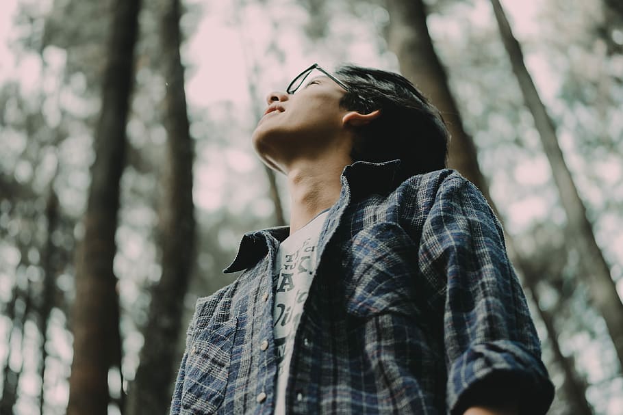 low angle-view of man in black framed eyeglasses under trees, man standing surrounded by trees during daytime HD wallpaper