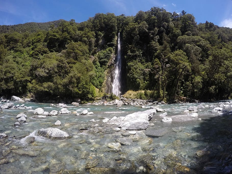 Waterfall, Trees, River, Rocks, nature, landscape, stream, forest HD wallpaper