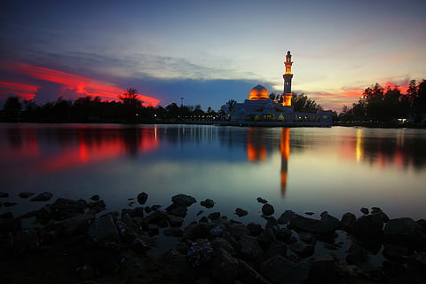 architecture, clouds, dawn, dome, dusk, evening, lake, landscape HD wallpaper