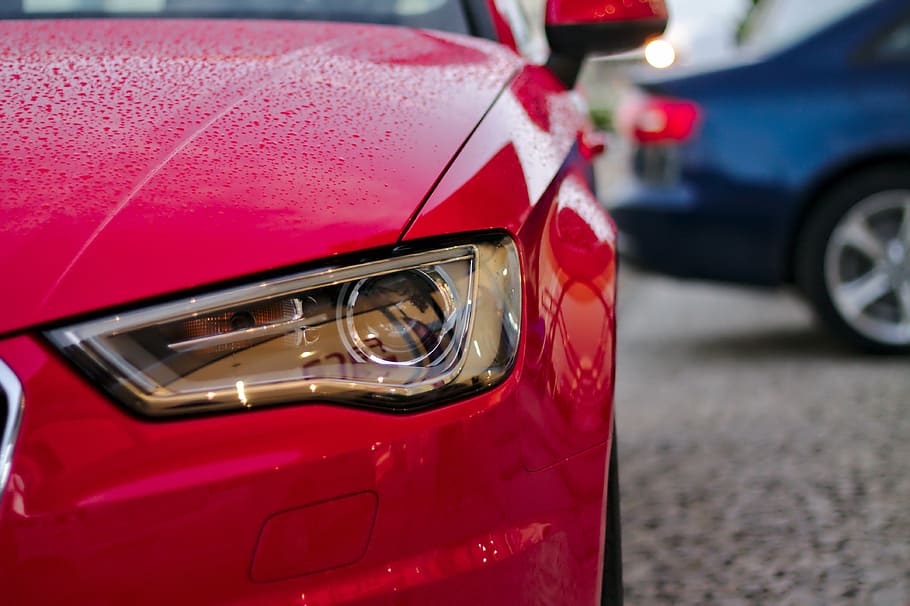 red car near other blue car, audi, headlight, sports car, rent a car HD wallpaper