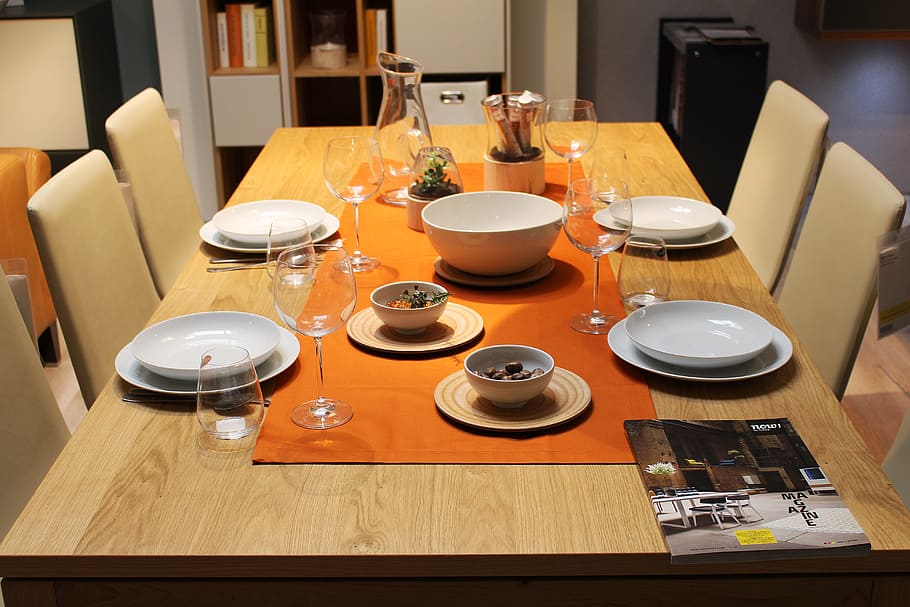 white ceramic dinnerware set on rectangular brown wooden dining table HD wallpaper
