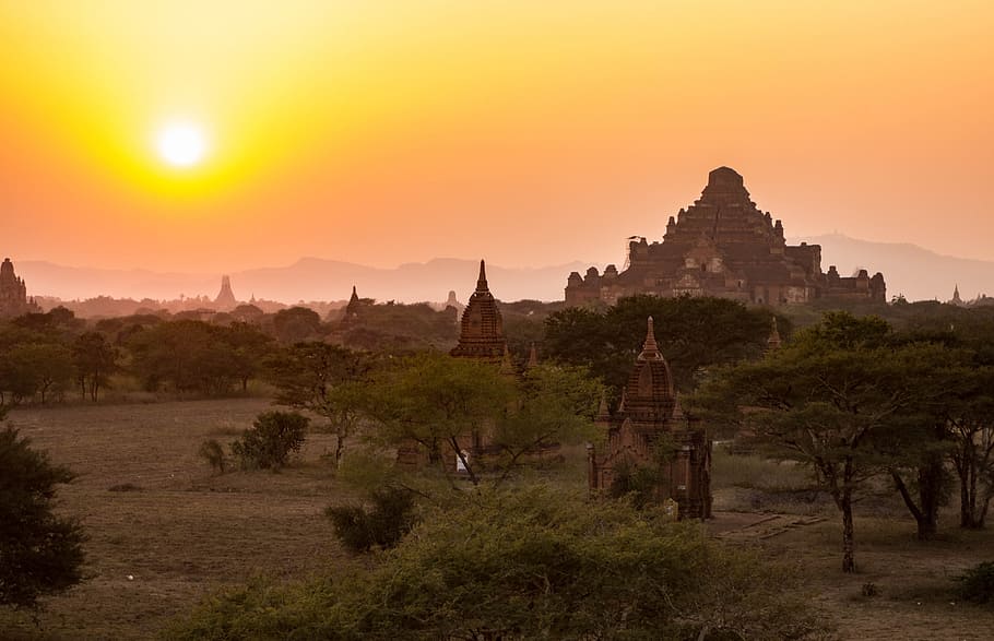 sunset, dawn, outdoors, dusk, travel, temple, myanmar, place of worship HD wallpaper