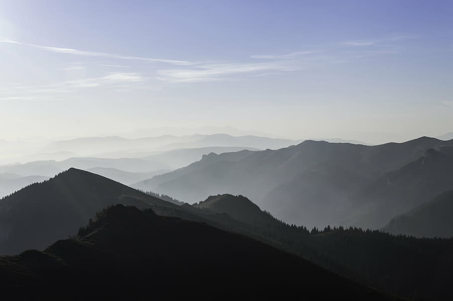 mountain hill under white sky, cloud, sunlight, spring, forest HD wallpaper
