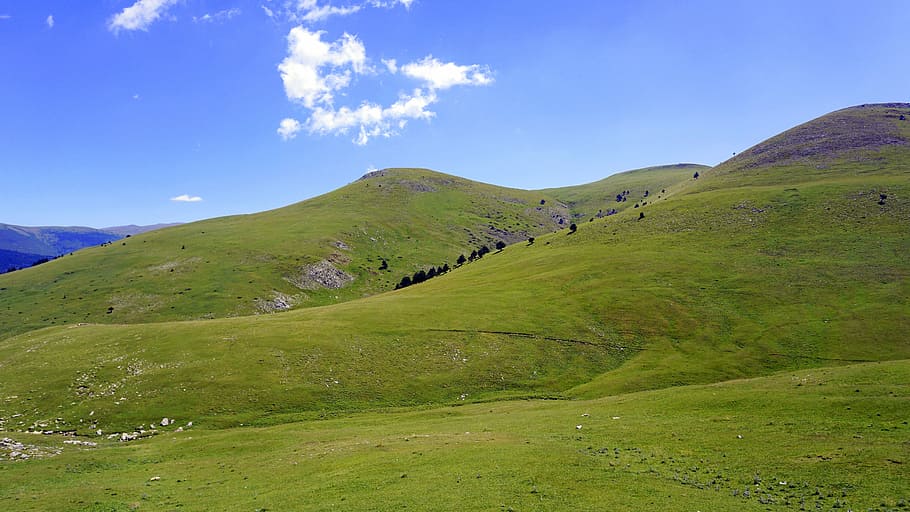 meadows, mountain, green, nature, prairie, blue, sky, grass HD wallpaper