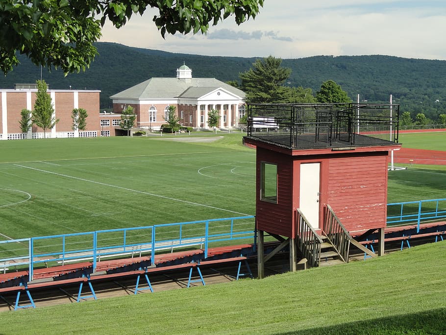 massachusetts, school, athletic field, bleachers, sky, clouds, HD wallpaper