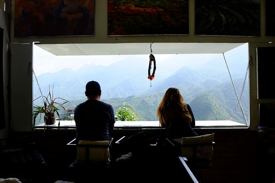 expedition, couple looking through window, mountain, view, looking out