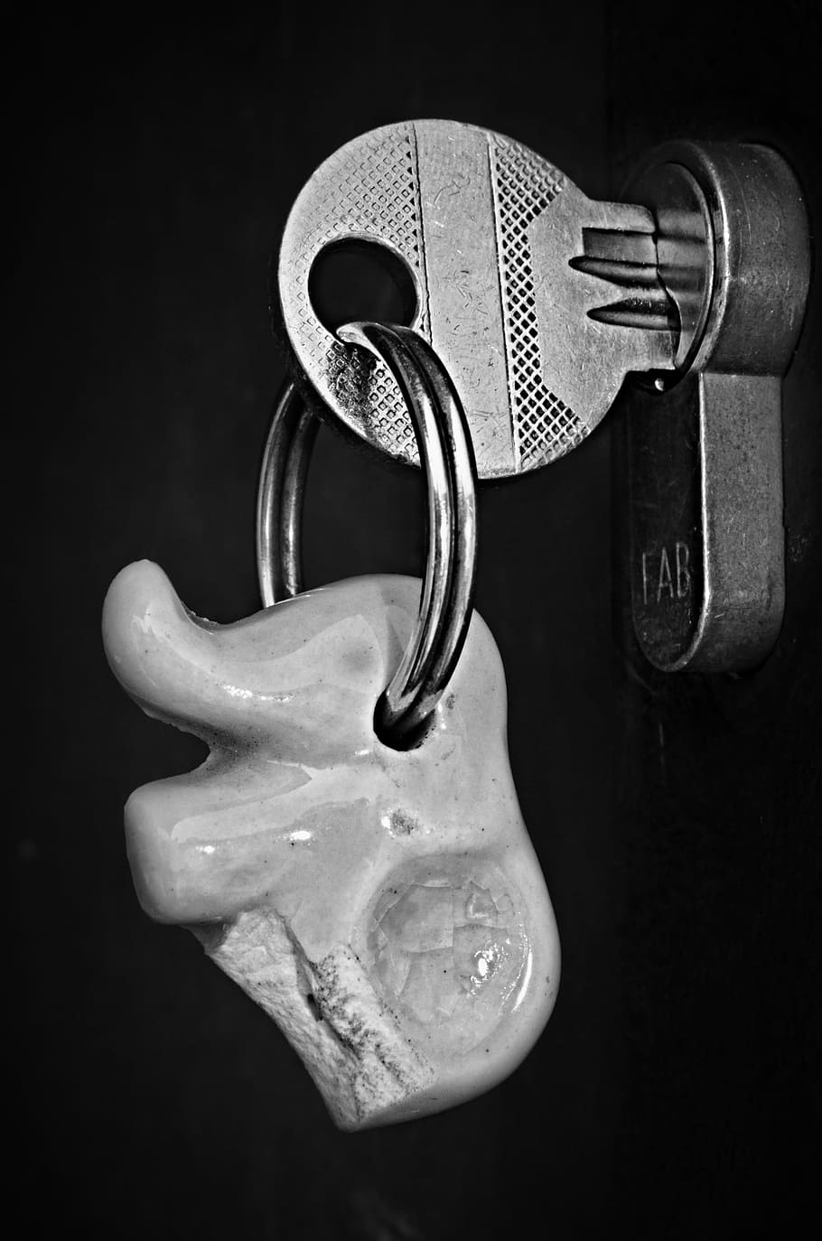 grayscale photo of gray key in lock, bauble, elephant, castle HD wallpaper