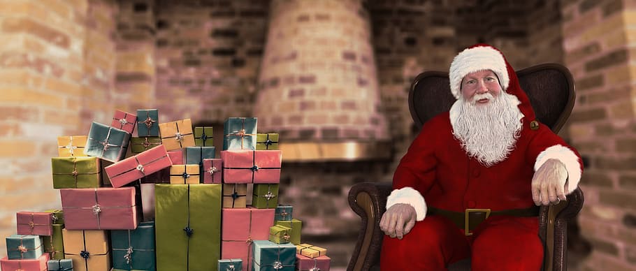 man wearing Santa Claus suit sitting on chair, christmas, nicholas