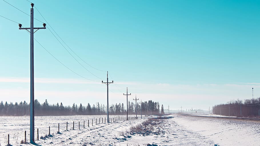 electric post aligned across road, road near utility post at daytime HD wallpaper