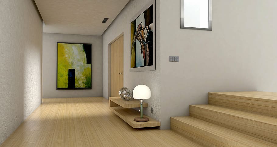 white and grey table lamp with beige wooden shelf near brown wooden stairway HD wallpaper