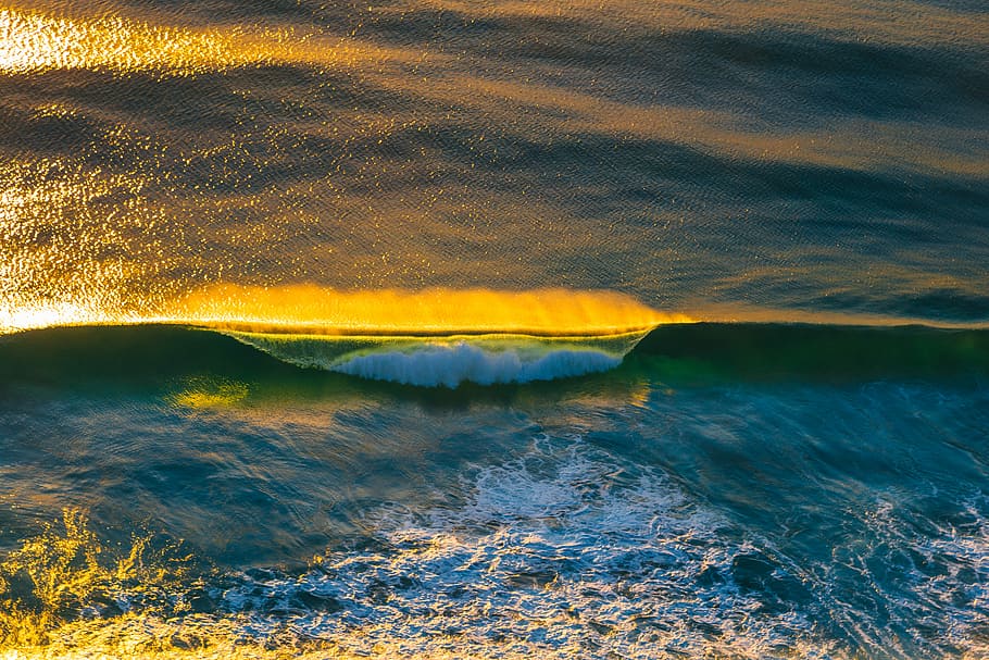 body of water, blue body of water waving, wave, ocean, sunset HD wallpaper